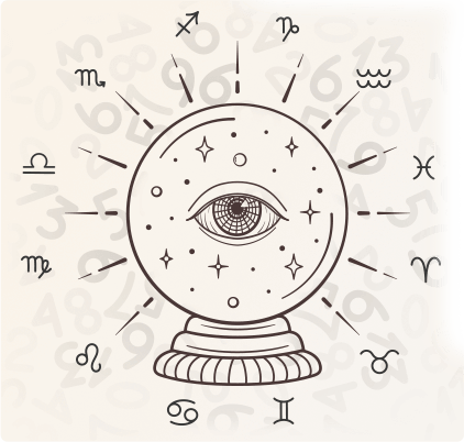 Prosperity Birth Code reading illustration featuring a mystical crystal ball with an all-seeing eye, surrounded by cosmic zodiac symbols and numerology tracking numbers.